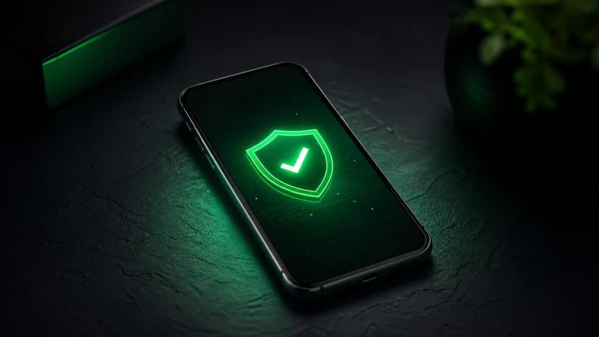 Safe Instagram DM bot — phone showing secure green shield on dark desk